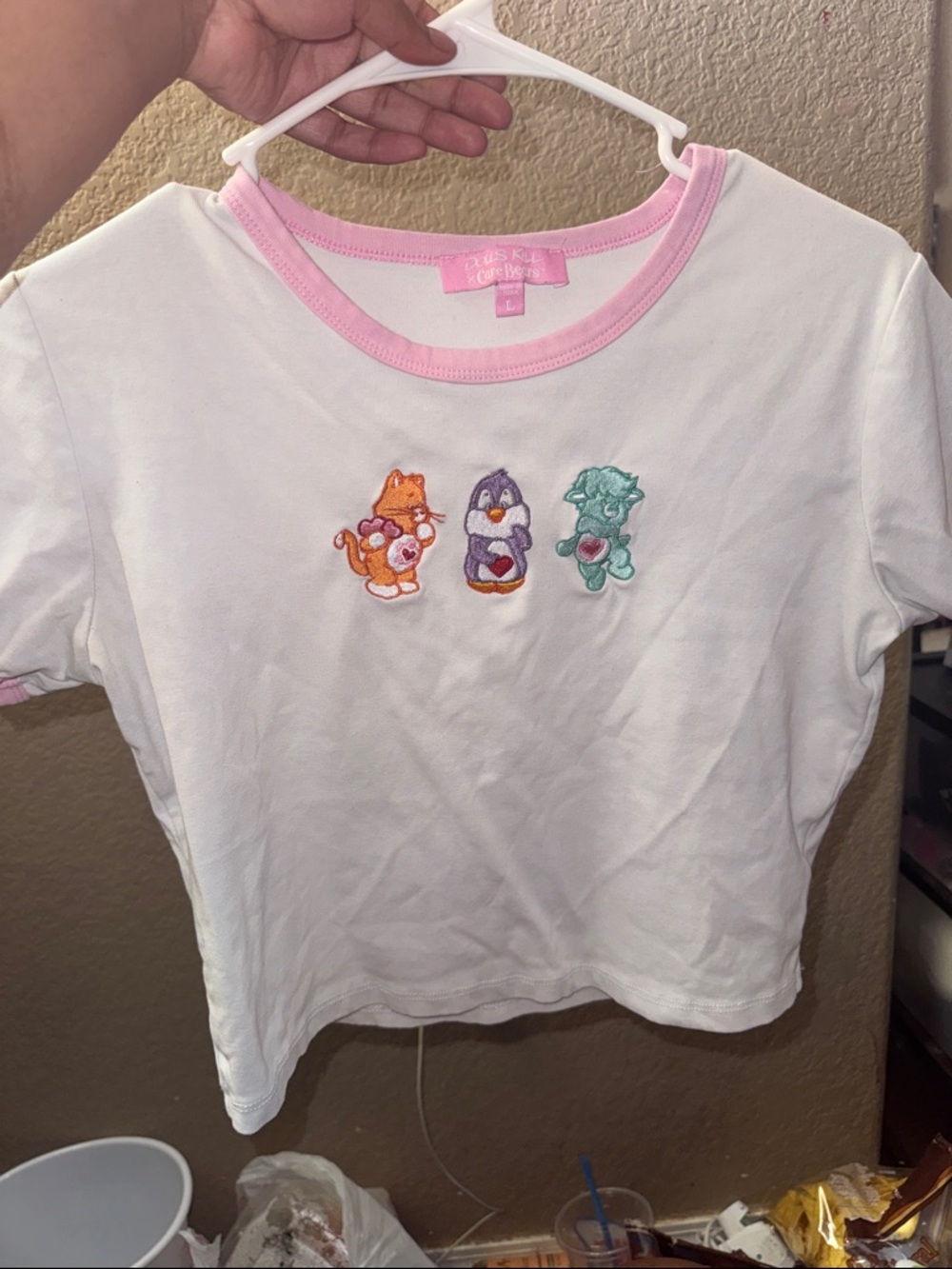 White & Pink Care Bear Cousins Tee with Cute Character Embroidery